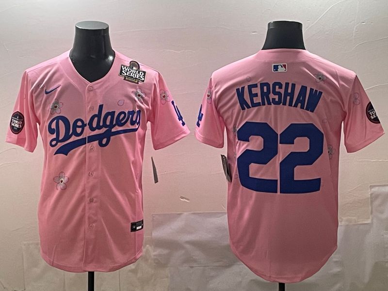 Men Los Angeles Dodgers 22 Kershaw Pink Sakura Edition 2025 Nike MLB Jersey style 7